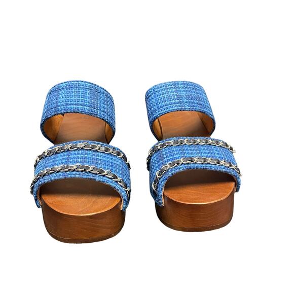 Chanel Chain Platform Slide Sandals Tweed Wood Heel Blue Brown Womens 40 / US 9 - Picture 4 of 14